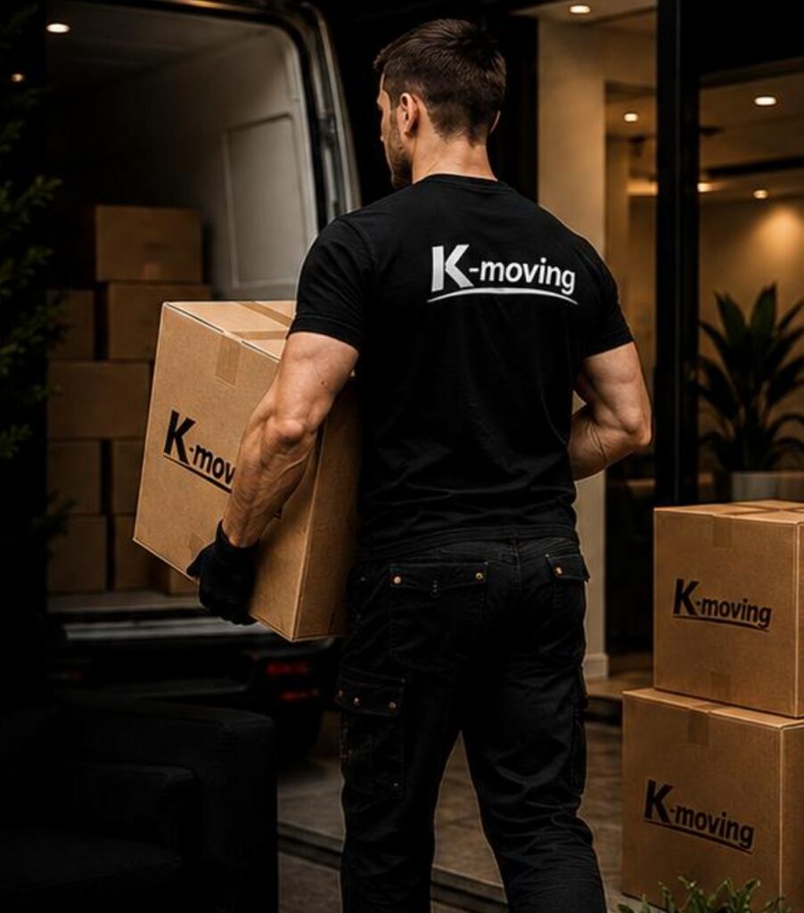 Pracovník K-Moving nesie škatule do dodávky